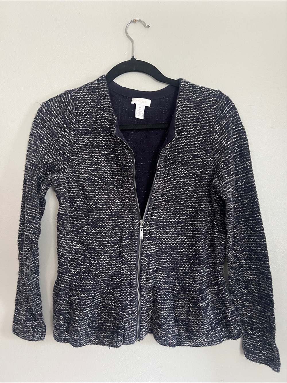 Chico's Navy and White Textured Knit Zip Cardigan